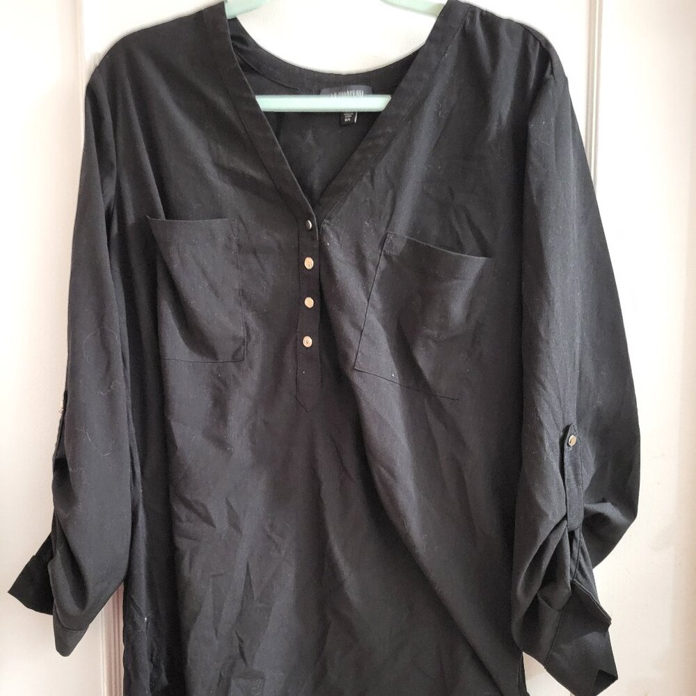 Le Château Black Roll-Tab Sleeve Popover Blouse size large